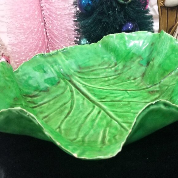 9" Antique Green Lettuceware Cabbage Leaf Majolica Bowl Paste Italy Napoli - Picture 5 of 8